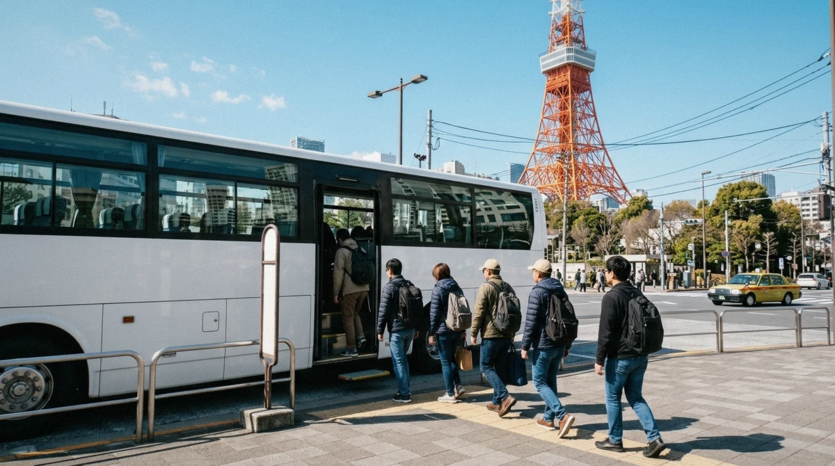 Guide checking a tablet of ticket confirmations as passengers board a coach at the start of a Tokyo city tour