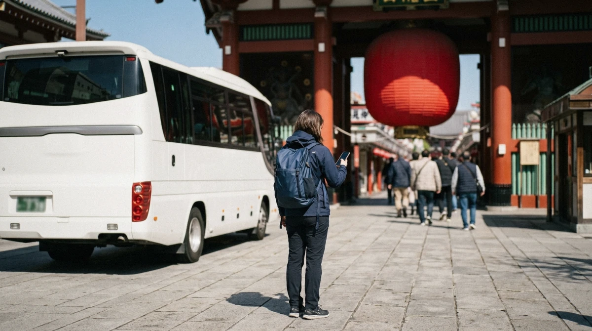 Small guided group setting off calmly on a well-timed morning Tokyo city tour