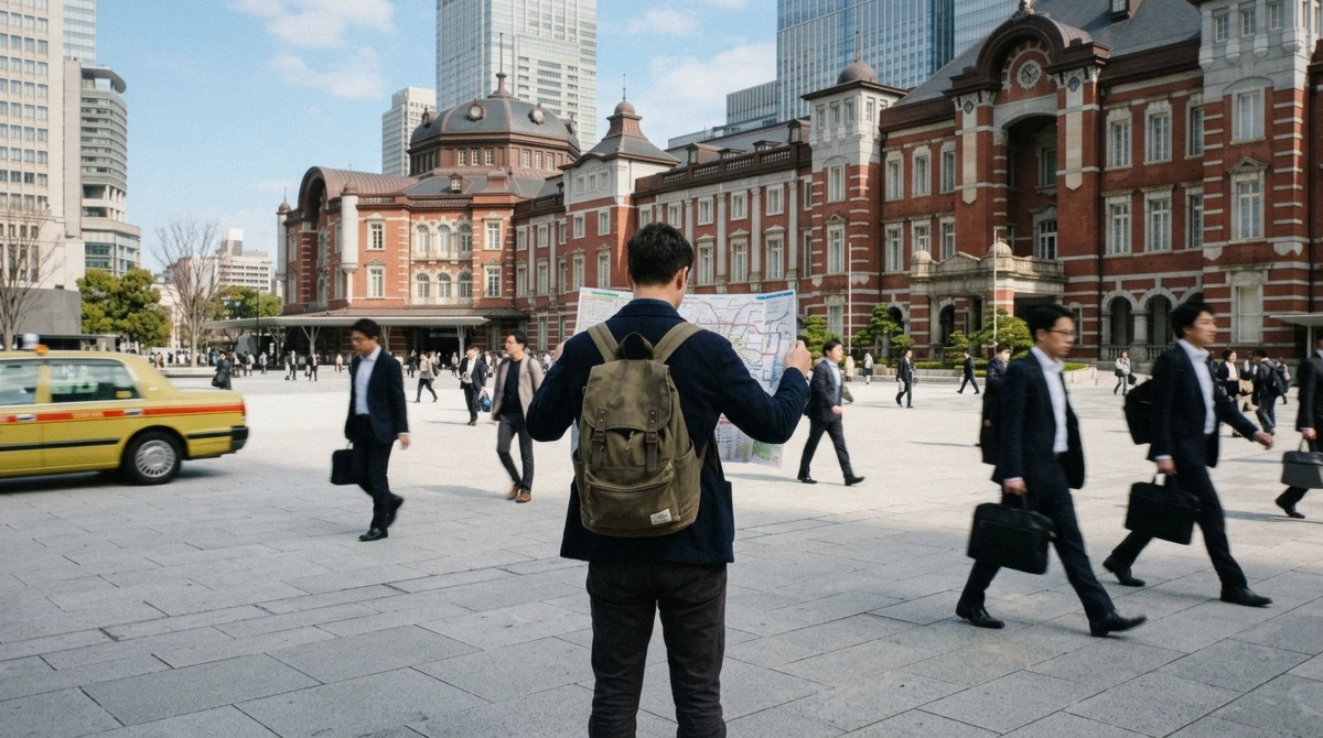 Traveler checking a subway line map beside the ticket gates while exploring Tokyo without a tour