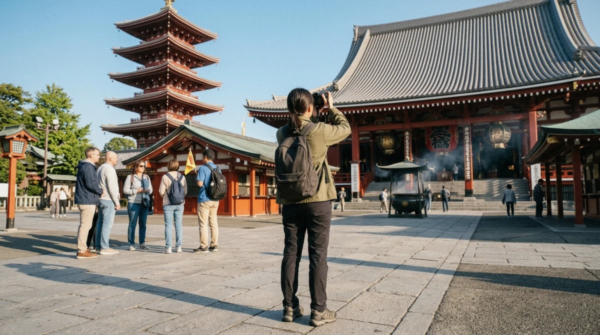 Morning light on the red lantern of Kaminarimon gate at the start of a Tokyo city tour photo stop