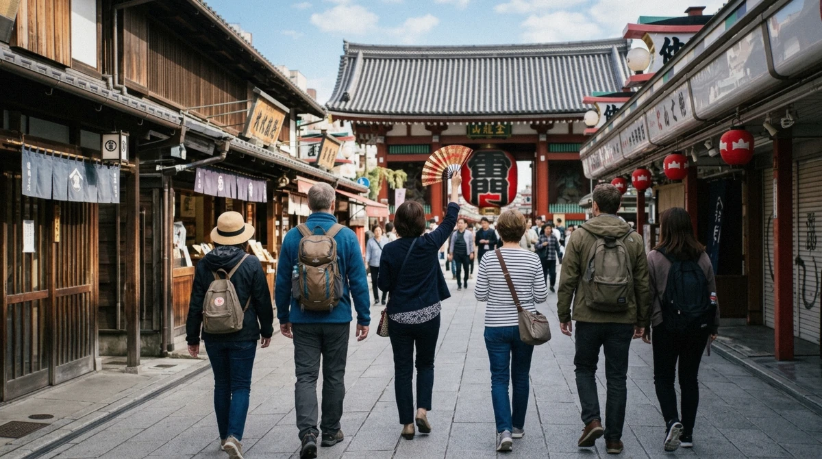 Small group stepping off a sightseeing coach beside the Imperial Palace moat at the start of a Tokyo city tour