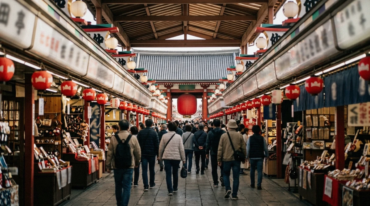 Visitors and a guide on Nakamise shopping street approaching Senso-ji temple on a Tokyo city tour