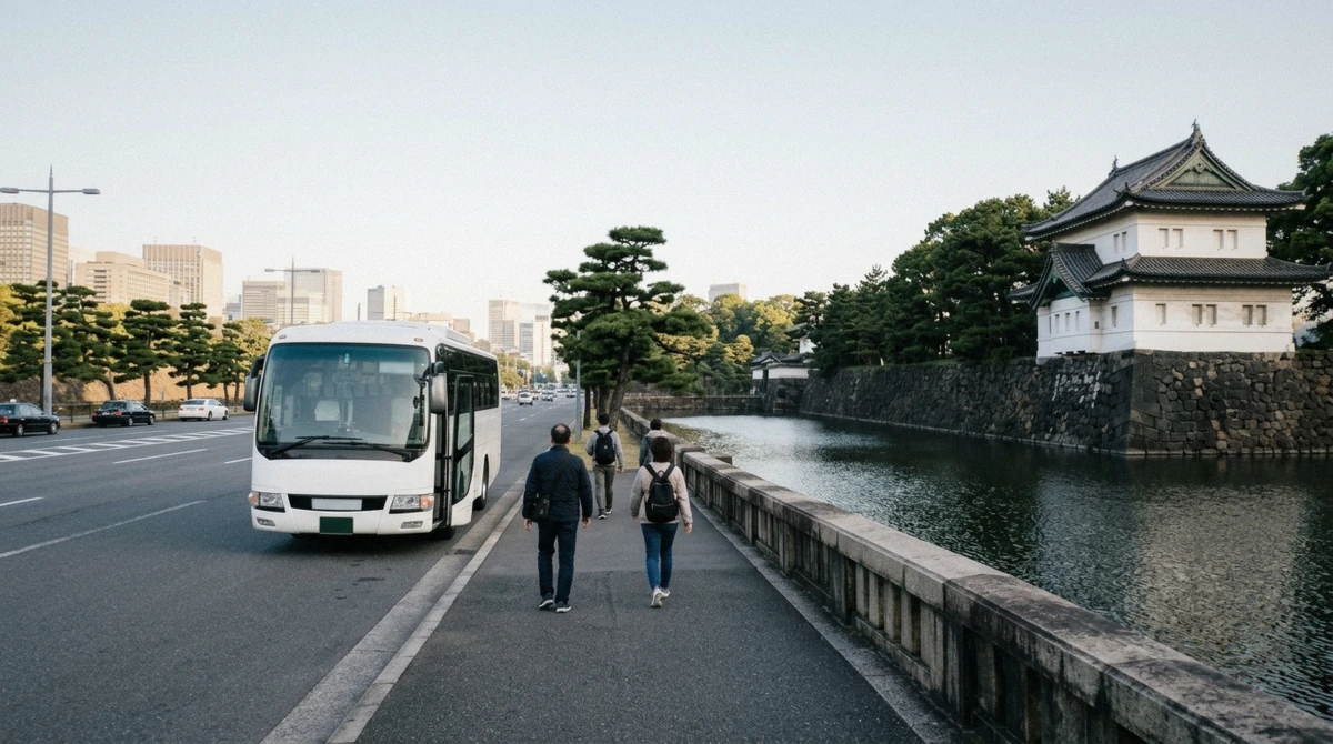 Sightseeing coach parked beside the Imperial Palace moat at the start of a full-day Tokyo city tour