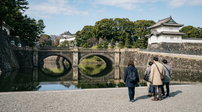Visitors at the Nijubashi Bridge and Imperial Palace moat, the first stop on a half-day Tokyo city tour