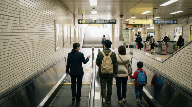 Private guide and a family crossing a Tokyo subway concourse on a customized Tokyo city tour