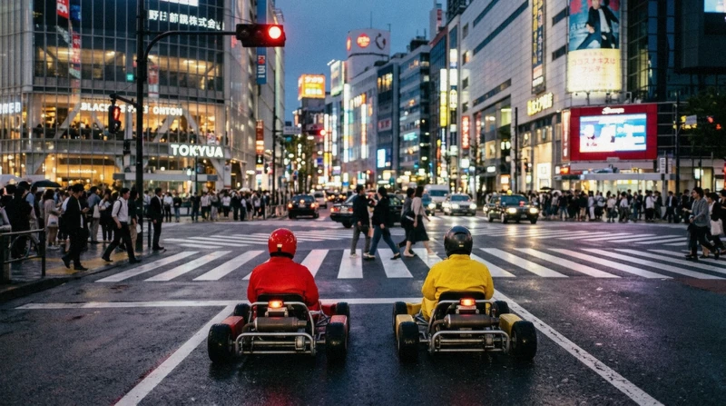 Costumed drivers in street go-karts waiting at the lights beside Shibuya Crossing on a Tokyo city tour