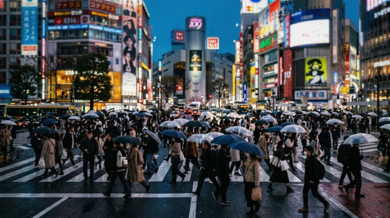 Walking group crossing the Shibuya Scramble at dusk on a small-group Tokyo city tour