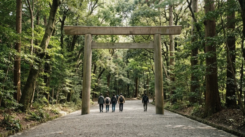 Guide and small group beneath the wooden torii gate at Meiji Shrine on a Harajuku Tokyo city tour